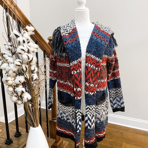 Jessica Simpson Red and Blue Chunky Thistle Cardigan with Accent Fringe Size S - Picture 1 of 12